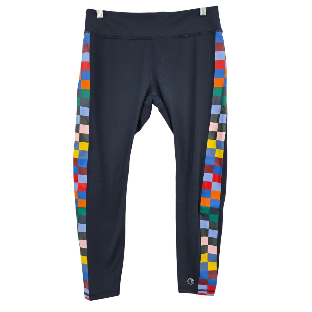 Tory Sport Navy Blue Multi Color Checkered Side Stripe Leggings Large Designer